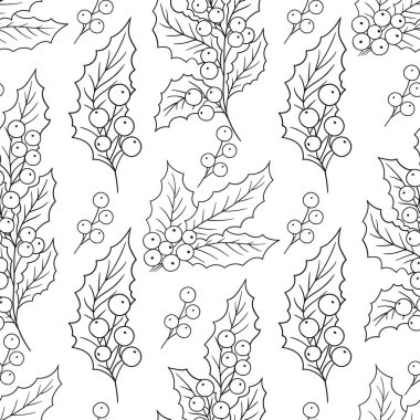Tek renkli Noel deseni elde çizim tarzında. Mönü ya da mutfak için desen. Holly mi? Tasarım, tekstil, kumaş, duvar kağıdı, ambalaj kağıdı