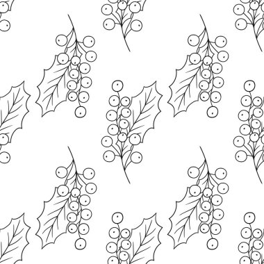 Tek renkli Noel deseni elde çizim tarzında. Holly mi? Mönü ya da mutfak için desen. Yazdır