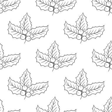 Tek renkli Noel deseni elde çizim tarzında. Holly mi? Mönü ya da mutfak için desen. Tasarım ve tekstil için yazdır