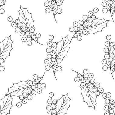 Tek renkli Noel deseni elde çizim tarzında. Holly mi? Mönü ya da mutfak için desen. Tasarım, tekstil, kumaş için yazdır