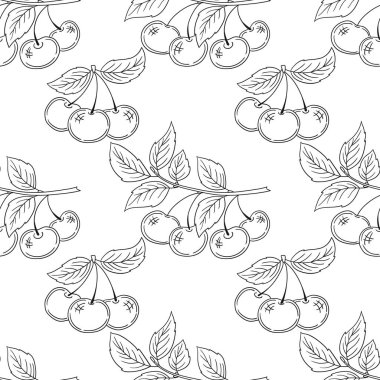 Tek renkli çilek deseni. Menü ya da mutfağın el çizimi şekli. Kiraz. Tasarım, tekstil, kumaş, duvar kağıdı, ambalaj kağıdı