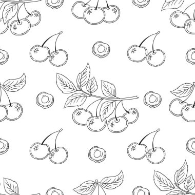 Tek renkli çilek deseni. Menü ya da mutfağın el çizimi şekli. Kiraz. Tasarım, tekstil, kumaş, duvar kağıdı, ambalaj kağıdı, dekorasyon vesaire için yazdır