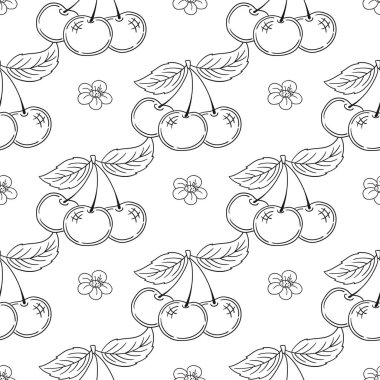 Tek renkli çilek deseni. Kiraz. Menü ya da mutfağın el çizimi şekli. Tasarım, tekstil, kumaş, duvar kağıdı için yazdır