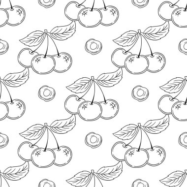 Tek renkli çilek deseni. Kiraz. Menü ya da mutfağın el çizimi şekli. Tasarım, tekstil, kumaş, duvar kağıdı, ambalaj kağıdı, dekorasyon vesaire için yazdır