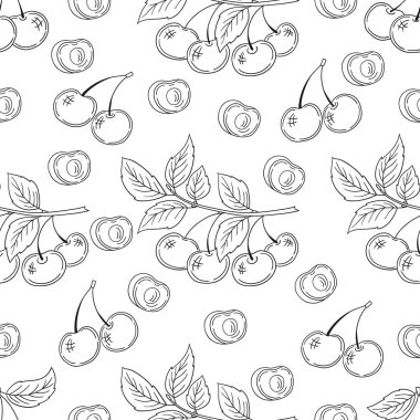 Tek renkli çilek deseni. Kiraz. Menü ya da mutfağın el çizimi şekli. Tasarım, tekstil, kumaş, duvar kağıdı, ambalaj kağıdı, dekorasyon