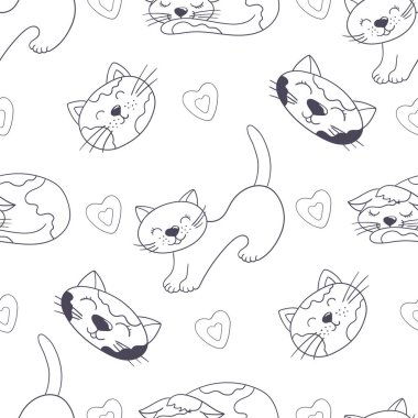 Yavru kediler. Tek renkli şirin desen elde çizim tarzında. Tekstil ya da çocuklar için desen. Tasarım ve tekstil için yazdır