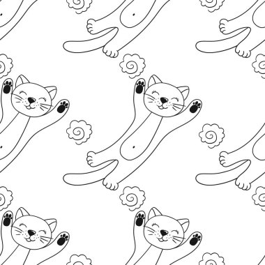 Yavru kediler. Tek renkli şirin desen elde çizim tarzında. Tekstil ya da çocuklar için desen. Tasarım, tekstil, kumaş, duvar kağıdı, ambalaj kağıdı