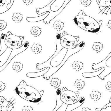 Yavru kediler. Tek renkli şirin desen elde çizim tarzında. Tekstil ya da çocuklar için desen. Tasarım, tekstil, kumaş, duvar kağıdı için yazdır