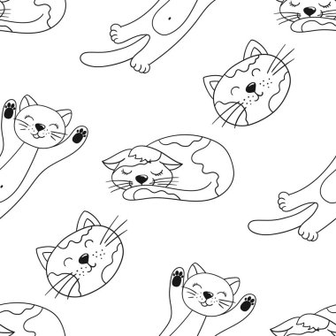 Yavru kediler. Tek renkli şirin desen elde çizim tarzında. Tekstil ya da çocuklar için desen. Tasarım, tekstil, kumaş, duvar kağıdı, ambalaj kağıdı, dekorasyon