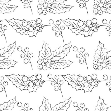 Holly mi? Tek renkli Noel deseni. Menü ya da mutfağın el çizimi şekli. Tasarım, tekstil, kumaş, duvar kağıdı, ambalaj kağıdı, dekorasyon vesaire için yazdır