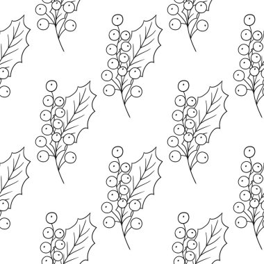 Holly mi? Tek renkli Noel deseni elde çizim tarzında. Mönü ya da mutfak için desen. Tasarım, tekstil, kumaş için yazdır