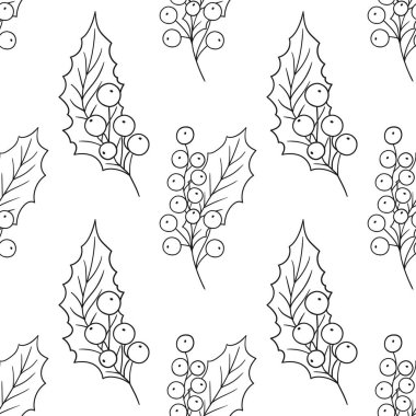 Holly mi? Tek renkli Noel deseni elde çizim tarzında. Mönü ya da mutfak için desen. Tasarım, tekstil, kumaş, duvar kağıdı, ambalaj kağıdı