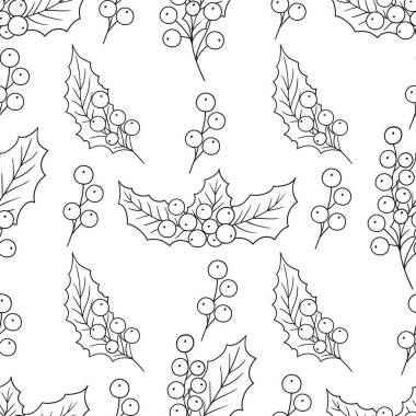 Holly mi? Tek renkli Noel deseni elde çizim tarzında. Mönü ya da mutfak için desen. Tasarım, tekstil, kumaş, duvar kağıdı, ambalaj kağıdı, dekorasyon