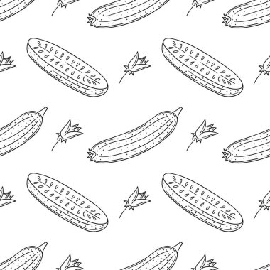 Salatalık. Tek renkli sebze deseni. Menü ya da mutfağın el çizimi şekli. Tasarım ve tekstil için yazdır