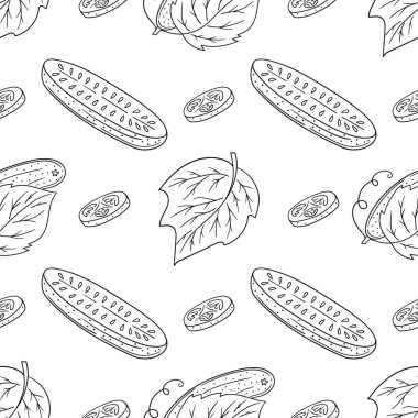 Salatalık. Tek renkli sebze deseni. Menü ya da mutfağın el çizimi şekli. Yazdır