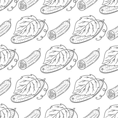 Salatalık. Tek renkli sebze deseni. Menü ya da mutfağın el çizimi şekli. Tasarım, tekstil, kumaş, duvar kağıdı, ambalaj için yazdır