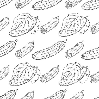 Salatalık. Tek renkli sebze deseni. Menü ya da mutfağın el çizimi şekli. Tasarım, tekstil, kumaş, duvar kağıdı, ambalaj kağıdı