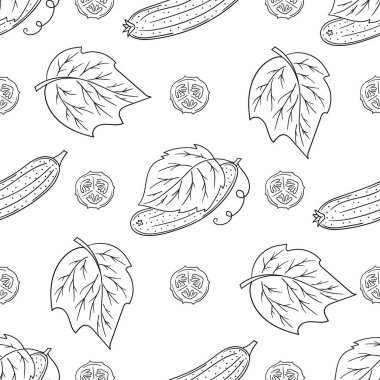 Salatalık. Tek renkli sebze deseni. Menü ya da mutfağın el çizimi şekli. Tasarım, tekstil, kumaş, duvar kağıdı, ambalaj kağıdı, dekorasyon vesaire için yazdır