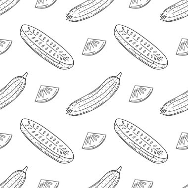 Salatalık. Tek renkli sebze deseni elde çizim tarzında. Mönü ya da mutfak için desen. Tasarım için yazdır