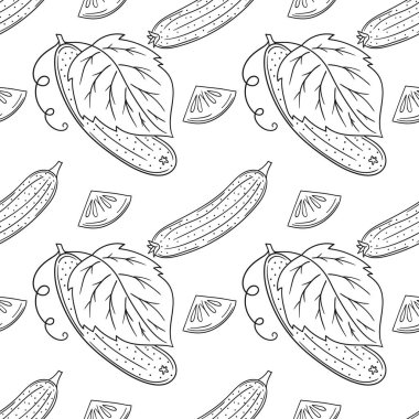 Salatalık. Tek renkli sebze deseni elde çizim tarzında. Mönü ya da mutfak için desen. Tasarım ve tekstil için yazdır