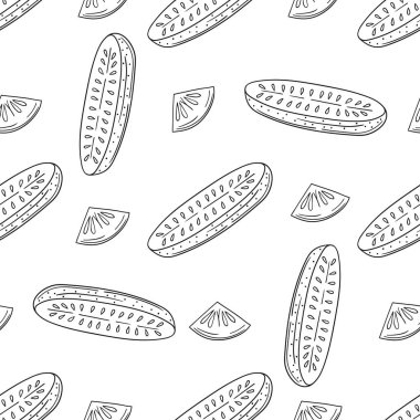 Salatalık. Tek renkli sebze deseni elde çizim tarzında. Mönü ya da mutfak için desen. Tasarım, tekstil, kumaş, duvar kağıdı için yazdır