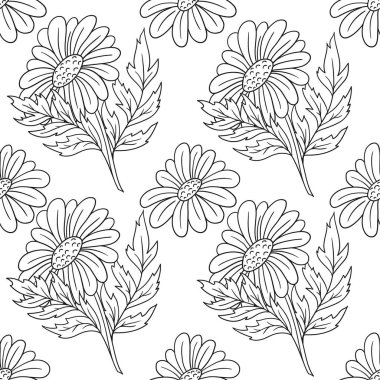 Papatya çayı, papatya. Tek renkli çiçek desenli. Menü ya da mutfağın el çizimi şekli. Tasarım, tekstil, kumaş için yazdır