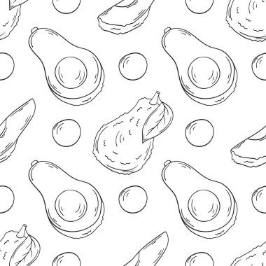 Avokado. Tek renkli meyve deseni. Menü ya da mutfağın el çizimi şekli. Tasarım, tekstil, kumaş, duvar kağıdı için yazdır