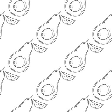 Avokado. Tek renkli meyve deseni elde çizim tarzında. Mönü ya da mutfak için desen. Tasarım, tekstil, kumaş için yazdır