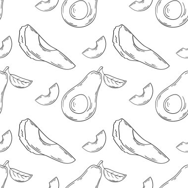 Avokado. Tek renkli meyve deseni elde çizim tarzında. Mönü ya da mutfak için desen. Tasarım, tekstil, kumaş, duvar kağıdı, ambalaj kağıdı