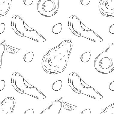 Avokado. Tek renkli meyve deseni elde çizim tarzında. Mönü ya da mutfak için desen. Tasarım, tekstil, kumaş, duvar kağıdı, ambalaj kağıdı, dekorasyon