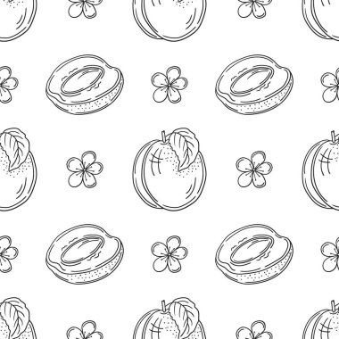 Kayısı. Tek renkli meyve deseni elde çizim tarzında. Mönü ya da mutfak için desen. Tasarım, tekstil, kumaş, duvar kağıdı, ambalaj kağıdı