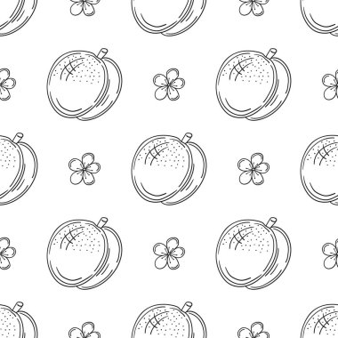 Kayısı, şeftali. Tek renkli meyve deseni elde çizim tarzında. Mönü ya da mutfak için desen. Tasarım, tekstil, kumaş, duvar kağıdı için yazdır
