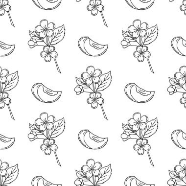 Kayısı çiçekleri. Tek renkli meyve deseni elde çizim tarzında. Mönü ya da mutfak için desen. Tasarım, tekstil, kumaş, duvar kağıdı, ambalaj için yazdır