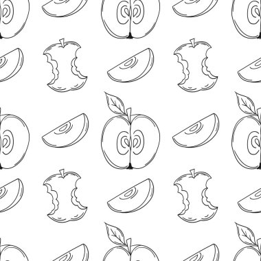 Elmalar. Tek renkli meyve deseni elde çizim tarzında. Mönü ya da mutfak için desen. Tasarım, tekstil, kumaş, duvar kağıdı, ambalaj kağıdı vs. için yazdır