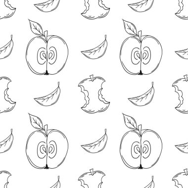 Elmalar. Tek renkli meyve deseni elde çizim tarzında. Mönü ya da mutfak için desen. Tasarım, tekstil, kumaş, duvar kağıdı, ambalaj kağıdı, dekorasyon vesaire için yazdır