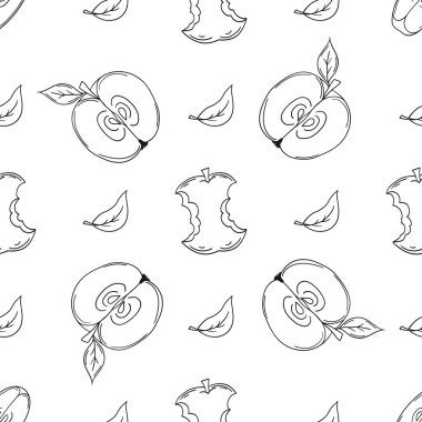 Elmalar. Tek renkli meyve deseni elde çizim tarzında. Mönü ya da mutfak için desen. Yazdır