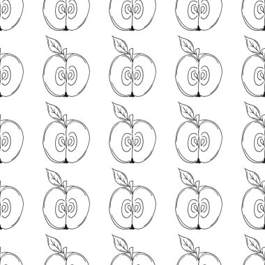 Elmalar. Tek renkli meyve deseni elde çizim tarzında. Mönü ya da mutfak için desen. Tasarım, tekstil vs. için yazdır