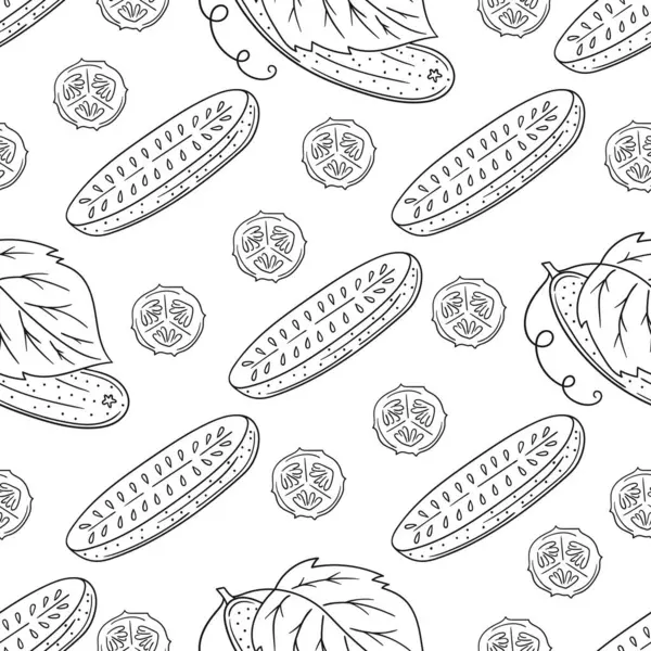 Tek renkli sebze deseni. Menü ya da mutfağın el çizimi şekli. Salatalık. Tasarım için yazdır