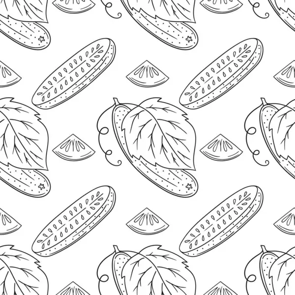 Salatalık. Tek renkli sebze deseni elde çizim tarzında. Mönü ya da mutfak için desen. Tasarım, tekstil, kumaş, duvar kağıdı, ambalaj için yazdır