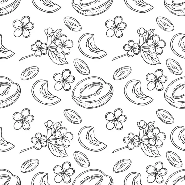 Kayısı çiçekleri. Tek renkli meyve deseni elde çizim tarzında. Mönü ya da mutfak için desen. Yazdır