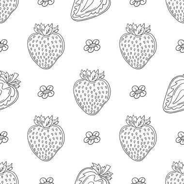 Çilekli. Tekstil ya da mutfak için desen. Tek renkli böğürtlen deseni elde çizim tarzında. Yazdır