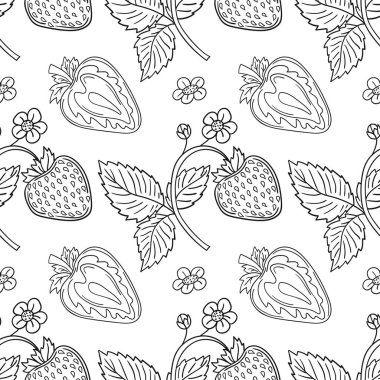 Çilekli. Tekstil ya da mutfak için desen. Tek renkli böğürtlen deseni elde çizim tarzında. Tasarım için yazdır