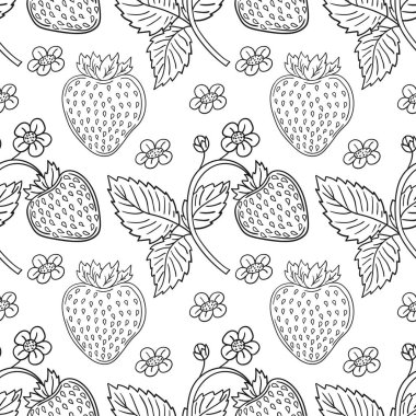 Çilekli. Tekstil ya da mutfak için desen. Tek renkli böğürtlen deseni elde çizim tarzında. Tasarım, tekstil, kumaş, duvar kağıdı, ambalaj için yazdır