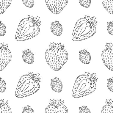 Çilekli. Tekstil ya da mutfak için desen. Tek renkli böğürtlen deseni elde çizim tarzında. Tasarım, tekstil, kumaş, duvar kağıdı, ambalaj kağıdı