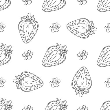 Çilekli. Tekstil ya da mutfak tarzı. Tek renkli çilek deseni. Tasarım, tekstil, kumaş, duvar kağıdı için yazdır