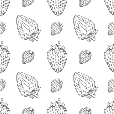 Çilekli. Tekstil ya da mutfak tarzı. Tek renkli çilek deseni. Tasarım, tekstil, kumaş, duvar kağıdı, ambalaj için yazdır