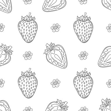 Çilekli. Tekstil ya da mutfak tarzı. Tek renkli çilek deseni. Tasarım, tekstil, kumaş, duvar kağıdı, ambalaj kağıdı