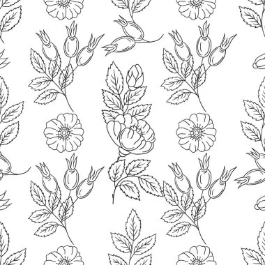 Rosehip 'te. Tek renkli çiçek desenli. Tekstil ya da mutfak tarzı. Tasarım, tekstil, kumaş, duvar kağıdı, ambalaj için yazdır