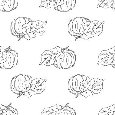 Balkabağım. Tekstil ya da mutfak için desen. Tek renkli sebze deseni elde çizim tarzında. Yazdır