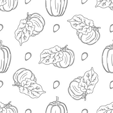 Balkabağım. Tekstil ya da mutfak için desen. Tek renkli sebze deseni elde çizim tarzında. Tasarım için yazdır